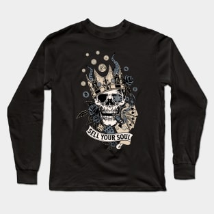 Sell Your Soul! Or don't? A Vintage Smoking Skull with Money, Playing Cards, Dice, Horns, Crown and Roses. Long Sleeve T-Shirt